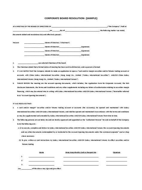 You can also download the board resolution for opening bank account format in the following formats. Board Resolution Sample | Board Of Directors | Securities ...