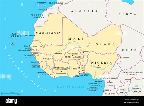 West Africa Region Political Map Area With Capitals And Borders The