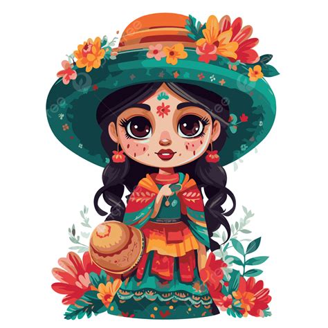 Mexican Doll Vector Sticker Clipart Mexican Girl In Floral Dress With Basket And Flowers