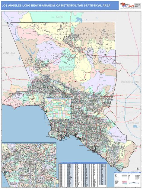 Los Angeles Long Beach Anaheim Ca Metro Area Wall Map Color Cast Style
