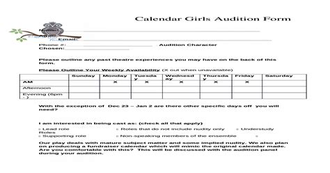 calendar girls audition form