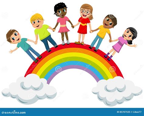 Multiracial Children Kids Hand In Hand Standing Rainbow Isolated Stock