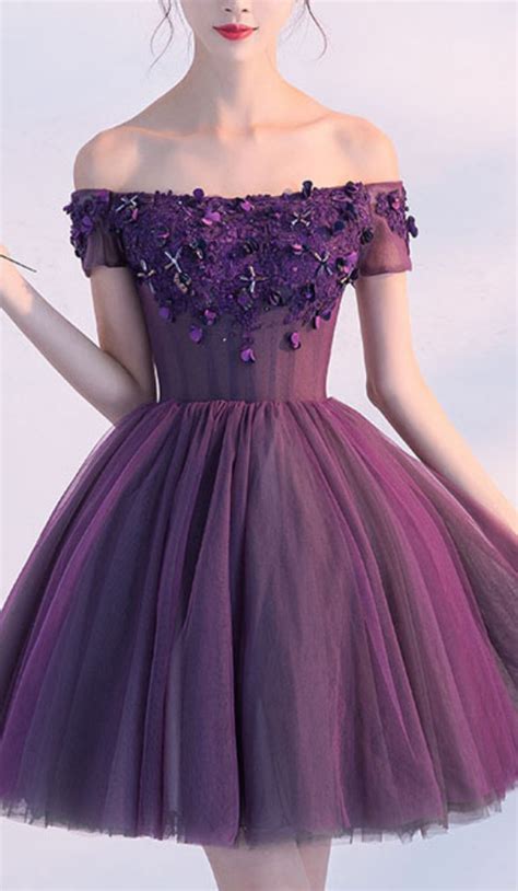 Cute A Line Dark Purple Homecoming Dresses Off Shoulder Short Prom Dress Sexy Appliqued