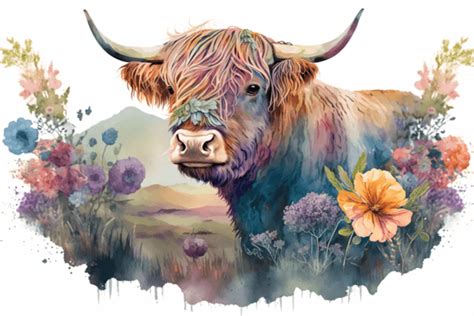 Watercolor Highland Cow With Flowers 3 Graphic By 1xMerch Creative