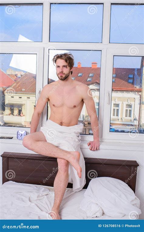 Bed With White Bedclothes And Nude Torso Man Feel Divine Concept Macho Relaxing In Morning