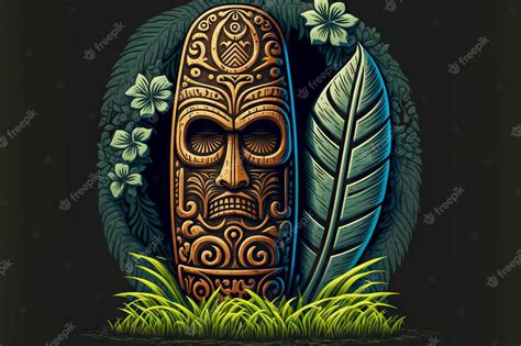 Premium Photo Idols And Totems On Islands Wooden Tiki Mask On Background Of Grass And Pedestal