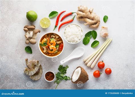 Tom Yum Goong Or Tom Yam Kung And Set Of Ingredients Stock Photo