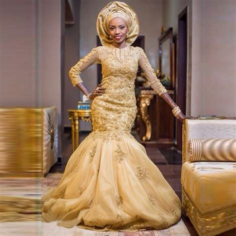 Gold Appliqued Mermaid Wedding Dress For Nigeria Women 2016 Illusion