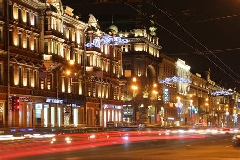 Russia St Petersburg Houses Night Street Lights Cities