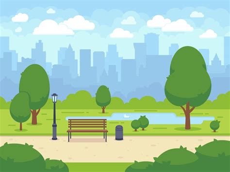 Premium Vector City Summer Park With Green Trees Bench Walkway And Lantern Town And City