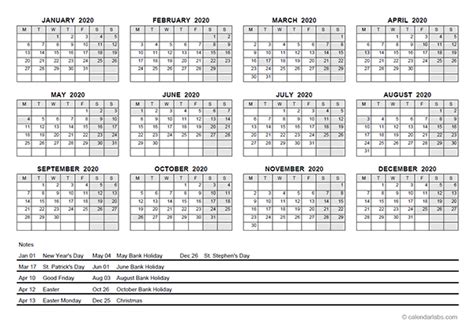 2020 Yearly Calendar With Ireland Holidays Free Printable Templates