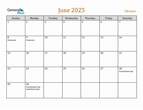 June 2025 Calendar With Ukraine Holidays