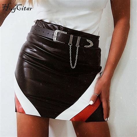 Buy Hugcitar Pu Leather High Waist Patchwork Mini Skirt 2018 Summer Women Sexy