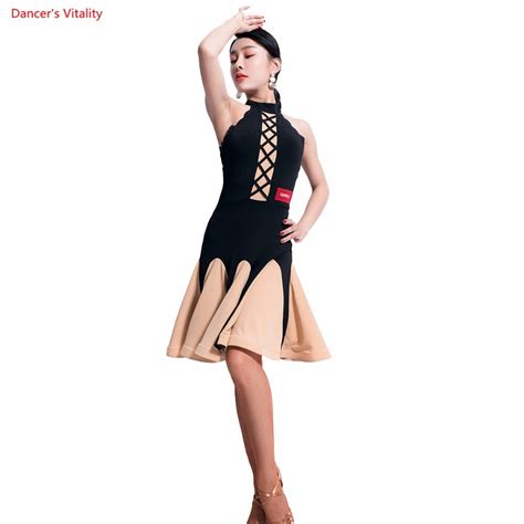 Latin Dance Dress 2018 New Adult Female Stand Collar Sleeveless Ruffles Dress For Women Latin