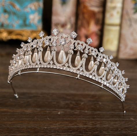 Paved Cz Tiara Bride Pearl Crown Zircon Diadema Wedding Hair