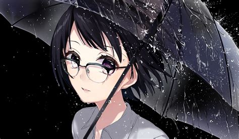 Wallpaper Anime Girl Short Hair Raining Glasses Meganekko