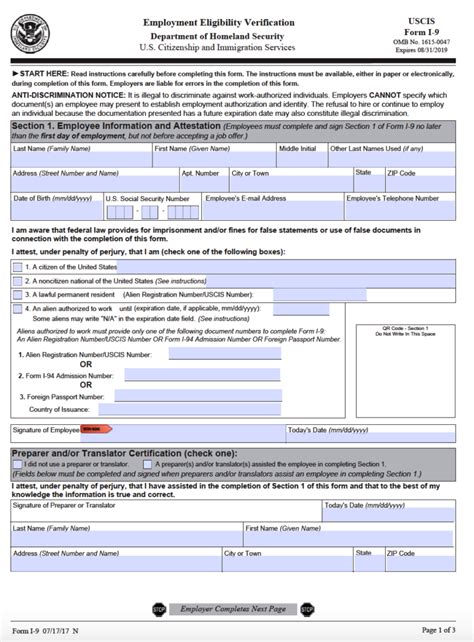 USCIS FORM I 9 Employment Eligibility Verification Printable Form 2021