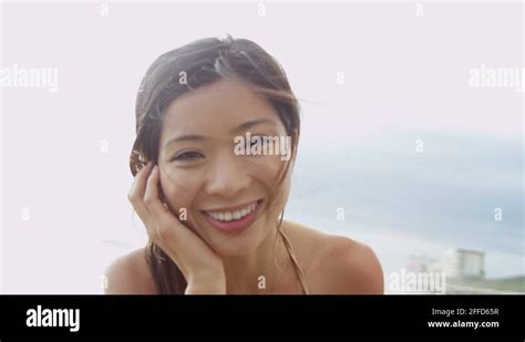 Portrait Asian Chinese Tourism Girl In Bikini Paradise Beach Close Up Stock Video Footage Alamy