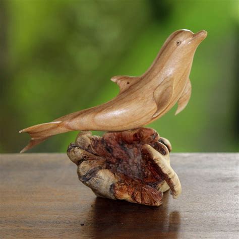 Hand Carved Jempinis Wood Leaping Dolphin Tree Sculpture Joyous
