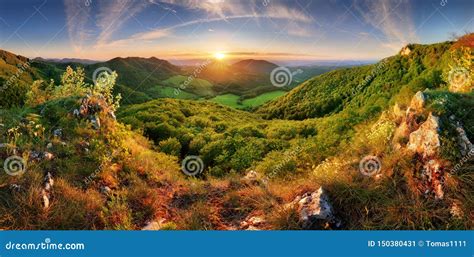 Spring Mountain Landscape Panorama With Forest And Sun Stock Image