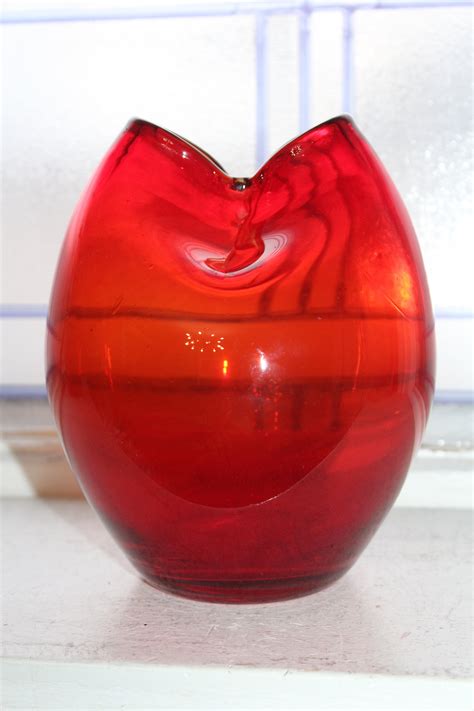 Vintage Blenko Red Glass Vase Double Hole Mid Century