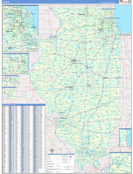 Illinois Zip Code Wall Map Basic Style By Marketmaps Mapsales