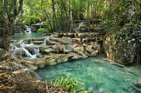 Waterfall In Erawan National Park Kanchanaburi Thailand Stock