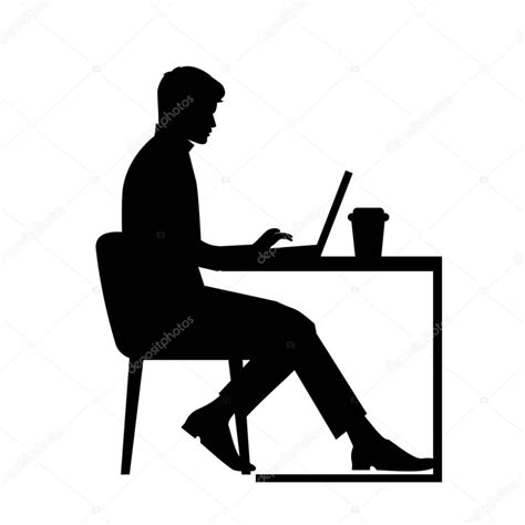 Black Silhouette Of A Man Sitting Behind A Computer Icon Vector