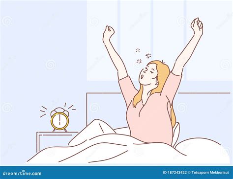 Woman Wake Up In The Morning On White Bed And Stretching Stock Vector Illustration Of Dream