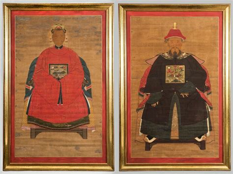 Pair Of Chinese Ancestor Portraits Of A Mandarin Dignitary And His Wife