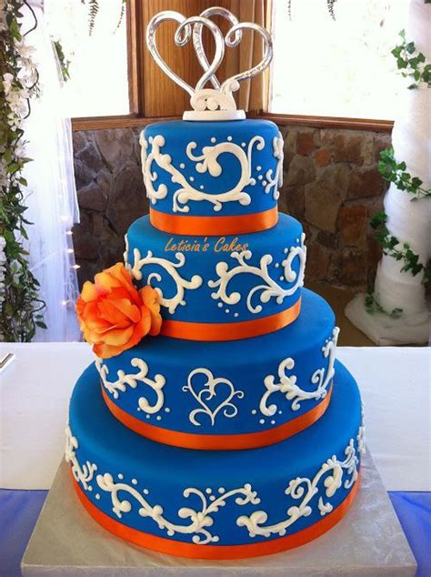 Blue Wedding Cake With Orange Ribbon Orange Wedding Cake Wedding