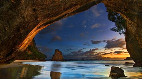 Wallpaper Cathedral Caves New Zealand Sea Clouds Dusk 2560x1600 Hd