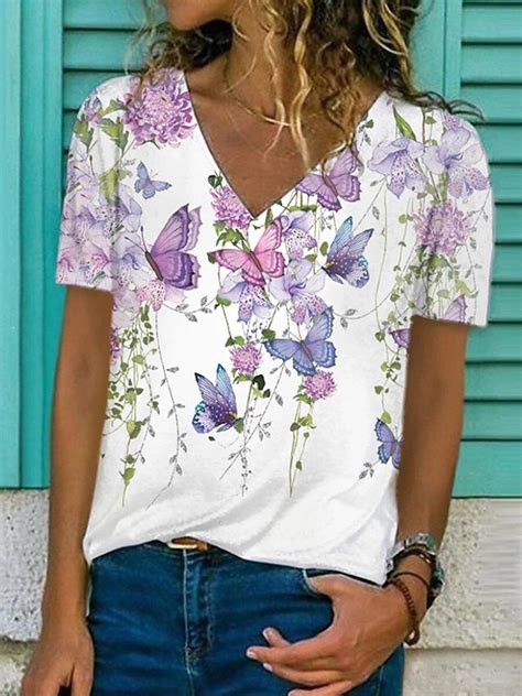 Womens Casual V Neck Butterfly Print Top In 2021 Butterfly Print