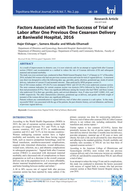 Pdf Factors Associated With The Success Of Trial Of Labor After