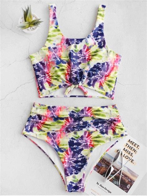 31 Off 2021 Zaful Tie Dye Knotted Ruched Tankini Swimsuit In Multi A