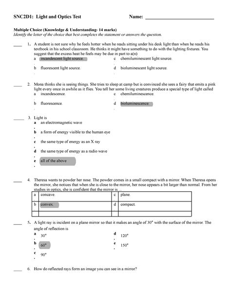 Light And Optics Test 09v2 Multiple Choice Knowledge And Understanding