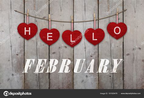 Hello February Written Hangingred Hearts Weathered Wooden Background — Stock Photo ...