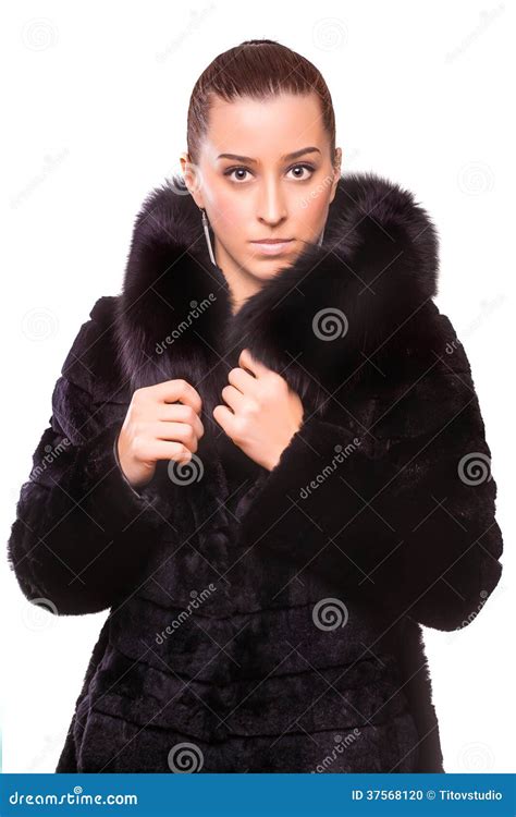 Beautiful Woman In Black Fur Coat Isolated Stock Photo Image Of