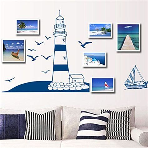Atc Removable Blue Sailing Boat Lighthouse Decal Mural Wallpaper For