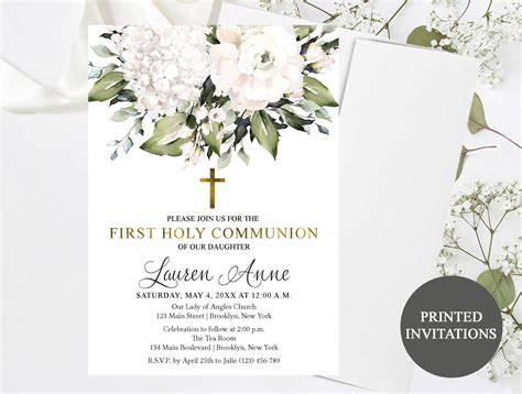 First Holy Communion Invitation 19 White Florals Printed Invitations