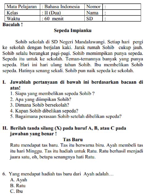 Soal Dan Jawaban Latihan Uas Bahasa Indonesia Kelas 2 Sdmi Semester 1