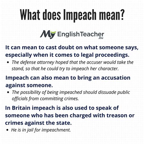 'the impeachment of any president is highly unusual.' 'under the constitution, impeachments are brought by the house of representatives and tried by the senate.' What does Impeach mean? - MyEnglishTeacher.eu