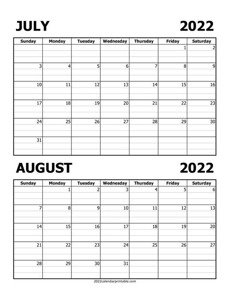 July August 2022 Calendar Printable Free Two Month Planner Template
