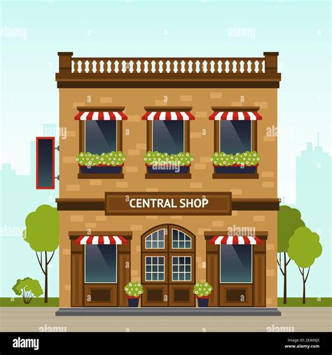 Brick Building Retro Style Shop Facade With City On Background Flat