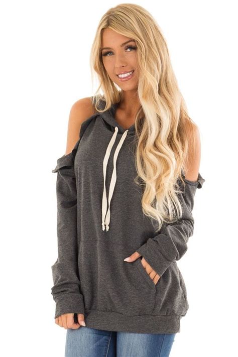 Charcoal Cold Shoulder Hoodie With Ruffle Detail Front Close Up Boutique Shirts Boutique Tops