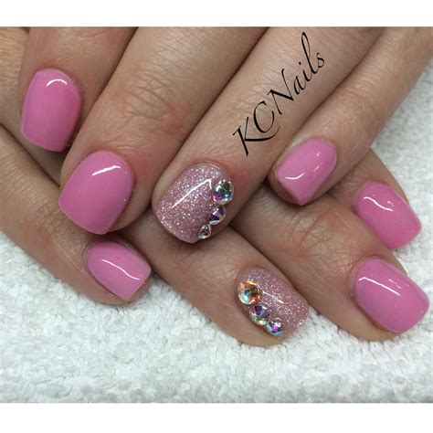 Pale Pink Acrylic Overlay Glitter Accent Nail With Swarovski Crystals