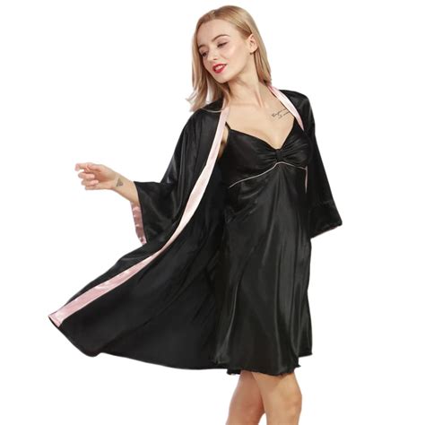 Ladies Silk Robe Femme 2017 New Designer Silky Women Sexy Bathrobe Dressing Gown 2 Pcs Set