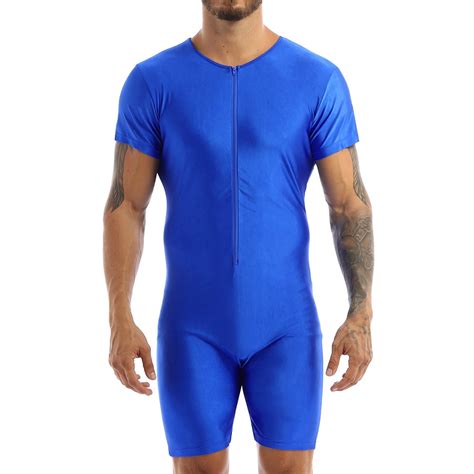 inhzoy mens zip up boxer leotard shorty wrestling singlet unitard gymnastics bodysuit blue large