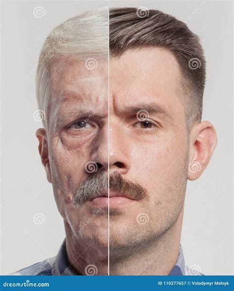 Collage Of Two Portraits Of The Same Old Man And Young Man Face