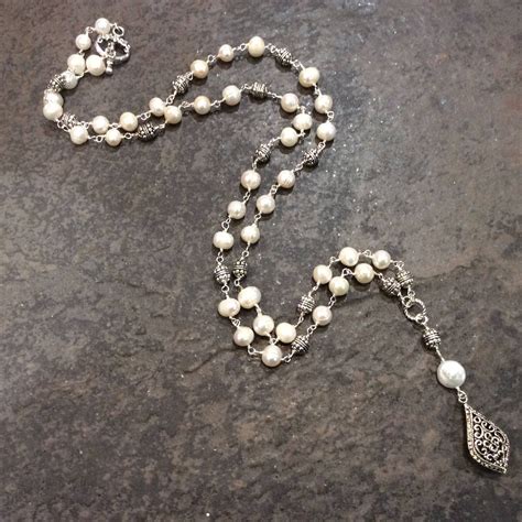 Extra Long Pearl Necklace Wire Wrapped Pearl Links Rosary Etsy Long Pearl Necklaces